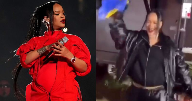 Side by side image of Rihanna on stage at the Super Bowl performing and a screenshot of her celebrating her performance after by waving a Barbados flag in the air.