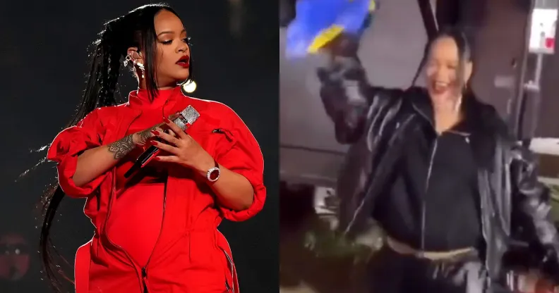 Side by side image of Rihanna on stage at the Super Bowl performing and a screenshot of her celebrating her performance after by waving a Barbados flag in the air.