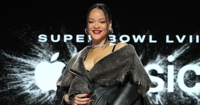 Rihanna smiles at the Apple Music Super Bowl LVII Halftime Show - Press Conference