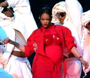 Rihanna spaces pregnancy speculation during Super Bowl performance. (Getty)