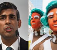 On the left, Rishi Sunak in a white shirt speaks into a microphone. On the left, two people dressed up as Oompa Loompas.