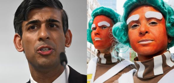 On the left, Rishi Sunak in a white shirt speaks into a microphone. On the left, two people dressed up as Oompa Loompas.