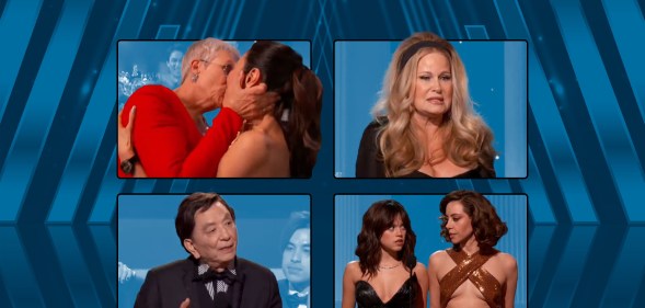 A graphic showing Jaime Lee Curtis, Michelle Yeoh, Jennifer Coolidge, James Hong, Jenna Ortega, Aubrey Plaza
