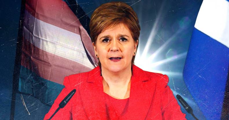 Nicola Sturgeon pictured in the centre delivering her resignation speech at a press conference in Edinburgh. She is wearing a red suit. In the background an edited graphic shows a trans flag and a Scottish flag.
