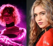 A split-screen image with a photo of late music producer and artist SOPHIE on the left cast in a purple light as she performs on stage. On the right is singer Grimes looking directly to the camera wearing a red outfit.