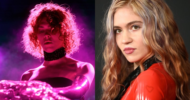 A split-screen image with a photo of late music producer and artist SOPHIE on the left cast in a purple light as she performs on stage. On the right is singer Grimes looking directly to the camera wearing a red outfit.