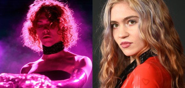 A split-screen image with a photo of late music producer and artist SOPHIE on the left cast in a purple light as she performs on stage. On the right is singer Grimes looking directly to the camera wearing a red outfit.