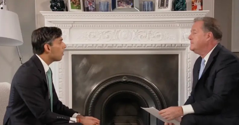 Prime Minister Rishi Sunak and Piers Morgan sit face-to-face while Morgan interviews Sunak for TalkTV