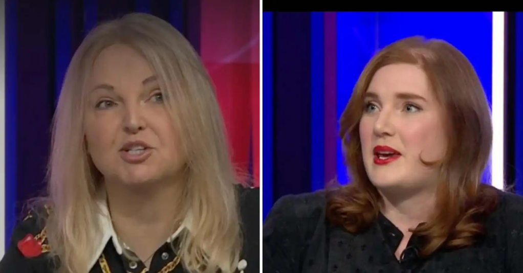 A split-screen image showing transgender newsreader India Willoughby on the left and author Ella Whelan on the right who appeared on BBC's Question Time on Thursday 2 February