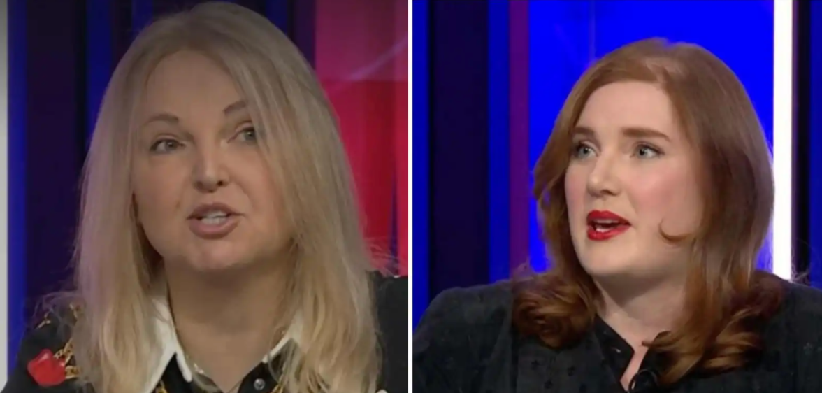A split-screen image showing transgender newsreader India Willoughby on the left and author Ella Whelan on the right who appeared on BBC's Question Time on Thursday 2 February