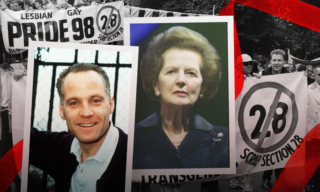 Collage of photos showing Michael Cashman, Margaret Thatcher and a banner calling for the end of Section 28