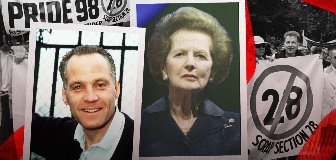 Collage of photos showing Michael Cashman, Margaret Thatcher and a banner calling for the end of Section 28