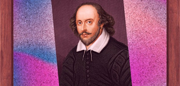William Shakespeare set against a purple and pink background. The background is supposed to resemble a noticeboard and a green pin at the top suggests the picture is supposed to be stuck to the board.