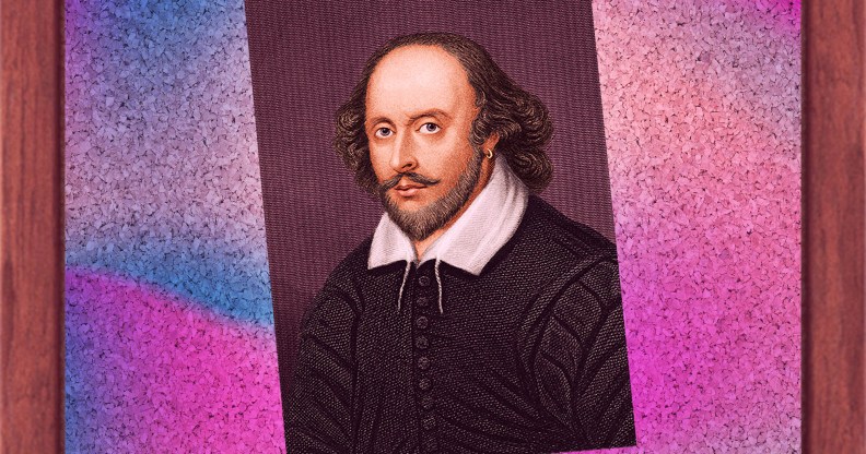 William Shakespeare set against a purple and pink background. The background is supposed to resemble a noticeboard and a green pin at the top suggests the picture is supposed to be stuck to the board.