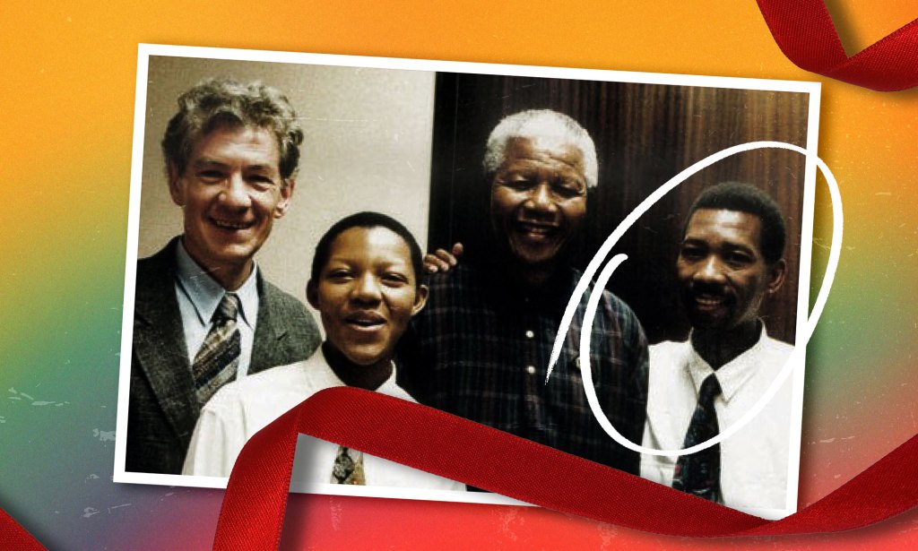 Simon Nkoli (circled) with  Ian McKellen, Phumi Mtetwa and Nelson Mandela 