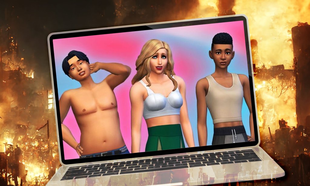 A graphic shows The Sims 4 characters with trans inclusive features, on a computer screen. In the background, the world is on fire.