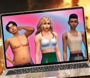 A graphic shows The Sims 4 characters with trans inclusive features, on a computer screen. In the background, the world is on fire.