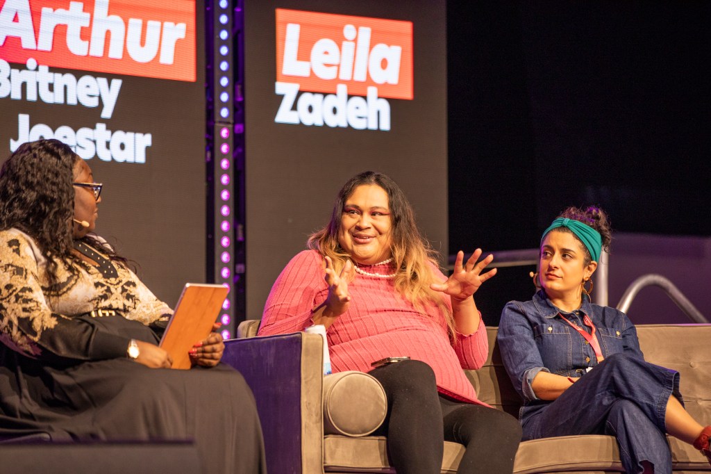 Left-right: Lady Phyll, Arthur Britney Joestar and Leila Zadeh at National Student Pride 2023's LGBTQ+ Asylum and Immigration Detention Panel
