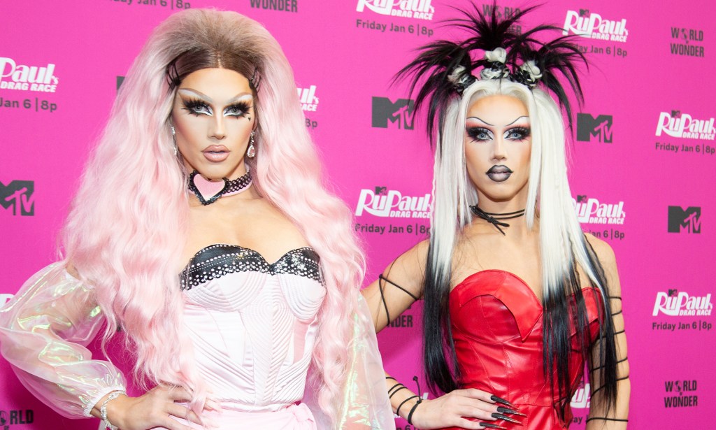 Drag Race season 15 contestants Sugar (left) and Spice against a pink background