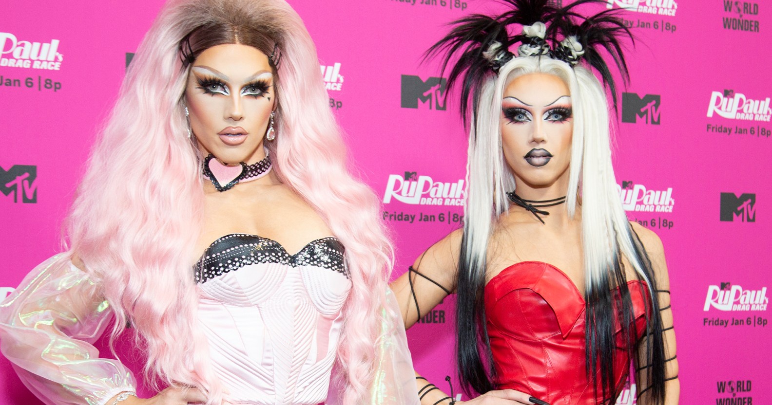 Drag Race season 15 contestants Sugar (left) and Spice against a pink background
