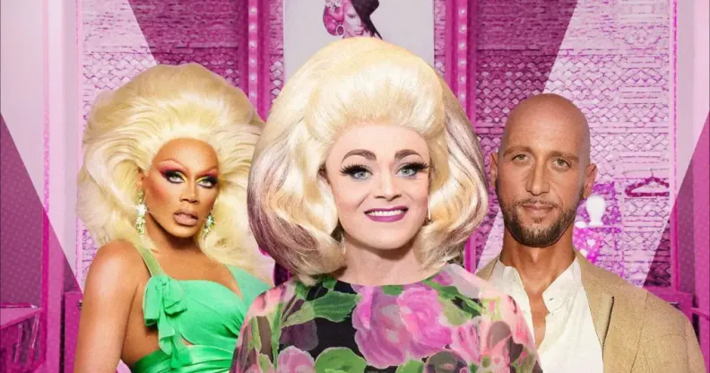 Image of drag queens RuPaul and Tammie Brown, and on the left, fashion designer Santino Rice.
