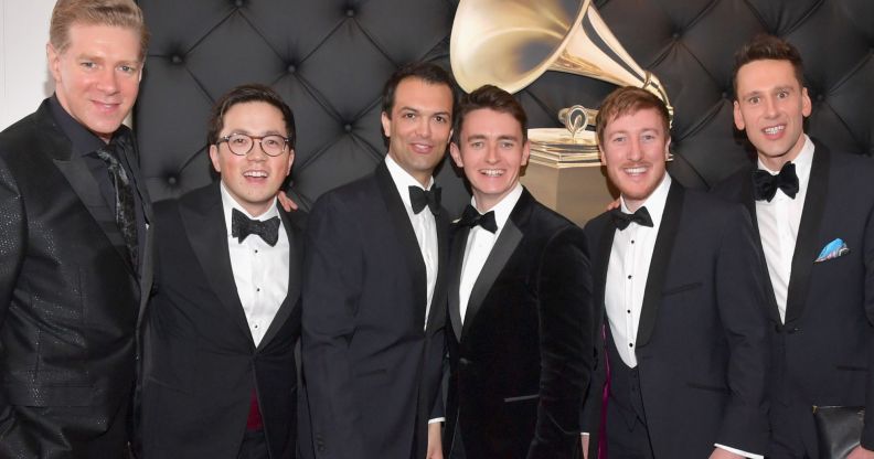 The Kings Singers wearing full black suits complete with black ties at red carpet appearance at the 2019 Grammy Awards.