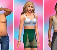 A graphic promo image showing three trans characters from The Sims showing off the new custom options. On the left is a trans man who is showing top surgery scars, the middle character is a trans woman wearing shapewar and the right-hand character is a trans woman wearing a binder-style vest