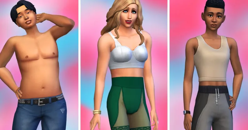 A graphic promo image showing three trans characters from The Sims showing off the new custom options. On the left is a trans man who is showing top surgery scars, the middle character is a trans woman wearing shapewar and the right-hand character is a trans woman wearing a binder-style vest