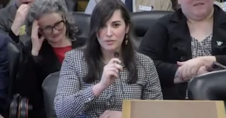 Gwendolyn Herzig looks shocked during a judiciary committee.