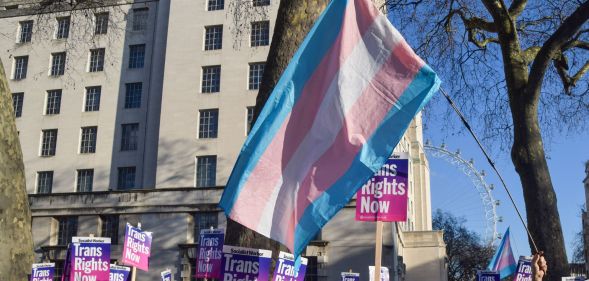 Activists wave a trans flag during protests.