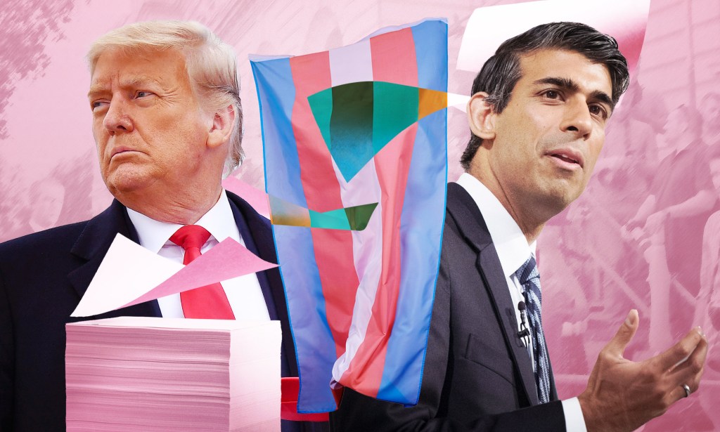 An image shows Donald Trump on the left and Rishi Sunak on the right, with an LGBTQ+ flag in the middle. On the left is an animated stack of newspapers and the image is set against a pink background.