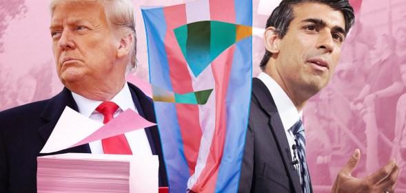 An image shows Donald Trump on the left and Rishi Sunak on the right, with an LGBTQ+ flag in the middle. On the left is an animated stack of newspapers and the image is set against a pink background.