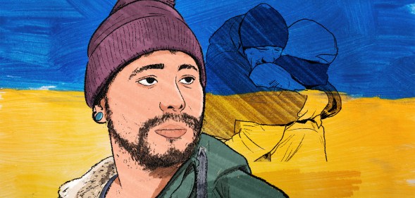 An illustration of a young man in front of the Ukraine flag