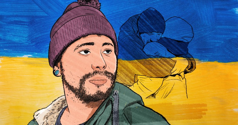 An illustration of a young man in front of the Ukraine flag
