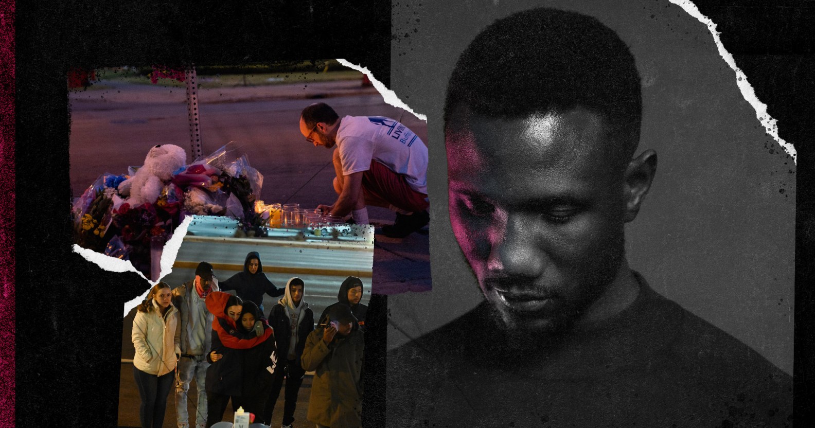 A composite image of a man looking sadly toward the floor next to images of hate crime