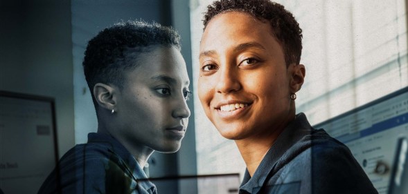 A person is looking and smiling to the camera on the right side of the image. On the left side, the same person is looking away and appears sad.