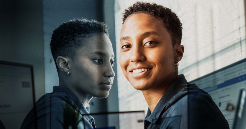 A person is looking and smiling to the camera on the right side of the image. On the left side, the same person is looking away and appears sad.