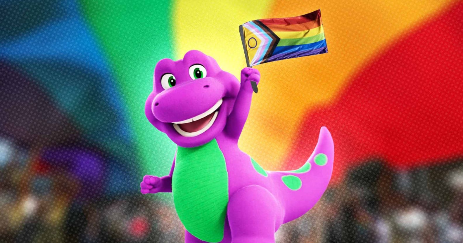 The new Mattel animated Barney dinosaur, holding a progress pride flag, stood against a rainbow background.
