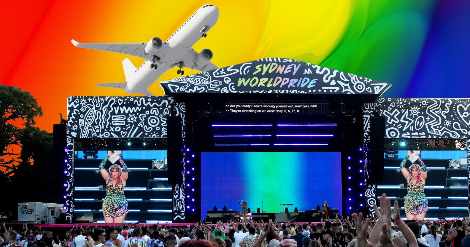 A plane over the Sydney WorldPride stage