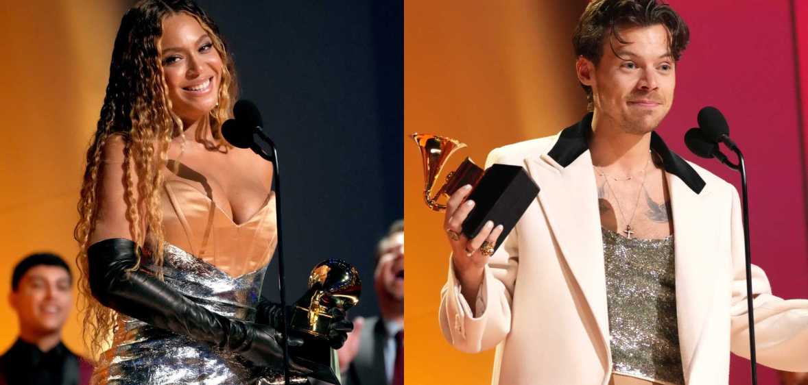 A split-screen image showing on the left Beyoncé wearing a gold and black outfit at the Grammys as she stands behind a microphone holding her award with the right-hand image showing Harry Styles wearing a silver vest top and white tuxedo jacket as he holds his award during his Grammys speech