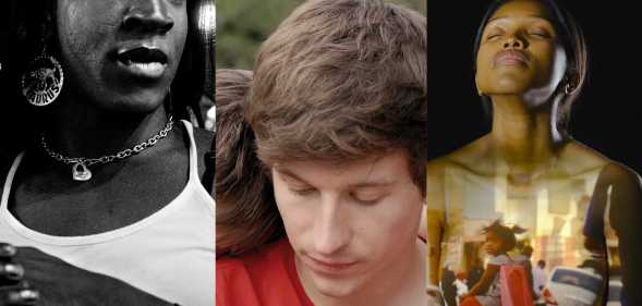 Three side-by-side images show stills from the upcoming BFI Flare film festival. On the left is a black and white image from 'The Stroll' showing Black trans character wearing a white vest top, in the middle image there is a still from "Drifter" showing a two men standing clost to each other - the man in front wearing a red t-shirt and on the right is a still from 'Who I Am Not' showing one of its South African characters looking up with her eyes closed