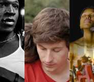 Three side-by-side images show stills from the upcoming BFI Flare film festival. On the left is a black and white image from 'The Stroll' showing Black trans character wearing a white vest top, in the middle image there is a still from "Drifter" showing a two men standing clost to each other - the man in front wearing a red t-shirt and on the right is a still from 'Who I Am Not' showing one of its South African characters looking up with her eyes closed
