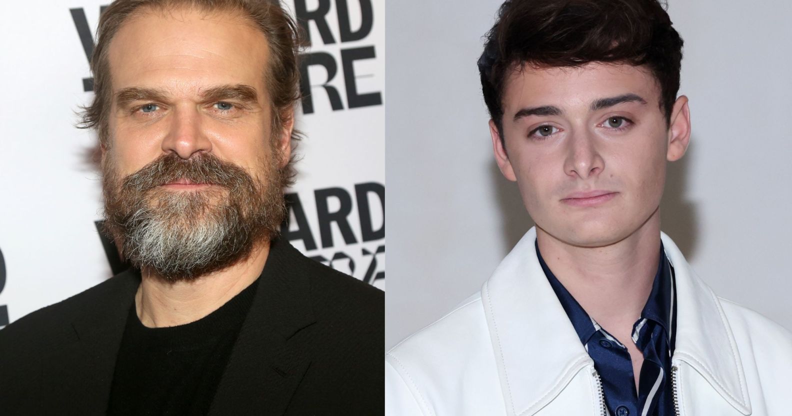 Side by side photographs of David Harbour and Noah Schnapp, who are both actors in the Netflix series Stranger Things