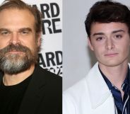 Side by side photographs of David Harbour and Noah Schnapp, who are both actors in the Netflix series Stranger Things