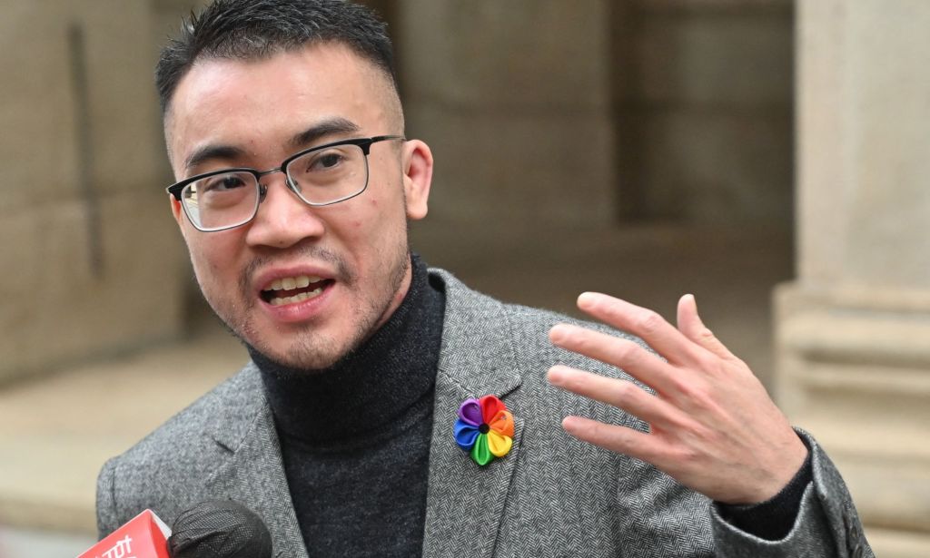 Trans activist Henry Edward Tse talks to the press outside Hong Kong's Court of Final Appeal