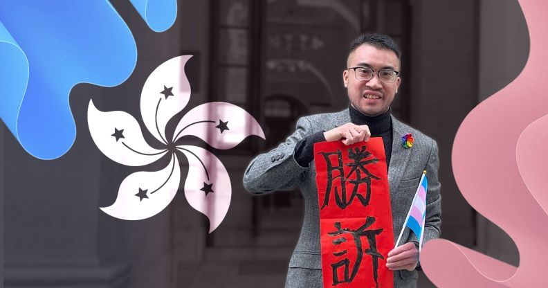 Trans Activist Henry Edward Tse holds up a 'fai chun', a decoration for Lunar New Year, with 'legal victory' (勝訴) written on the red paper outside Hong Kong's Court of Final Appeal