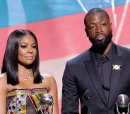 A graphic of Gabrielle Union and Dwyane Wade with a trans Pride flag in the background as they honour their trans child, Zaya, and the LGBTQ+ community during their NAACP Image Awards speech