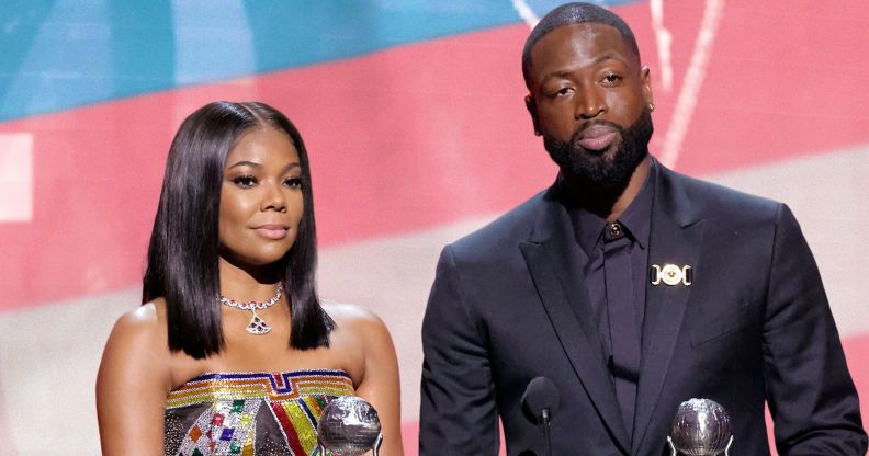 A graphic of Gabrielle Union and Dwyane Wade with a trans Pride flag in the background as they honour their trans child, Zaya, and the LGBTQ+ community during their NAACP Image Awards speech