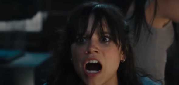 A screenshot of Jenna Ortega shouting in a trailer for Scream VI