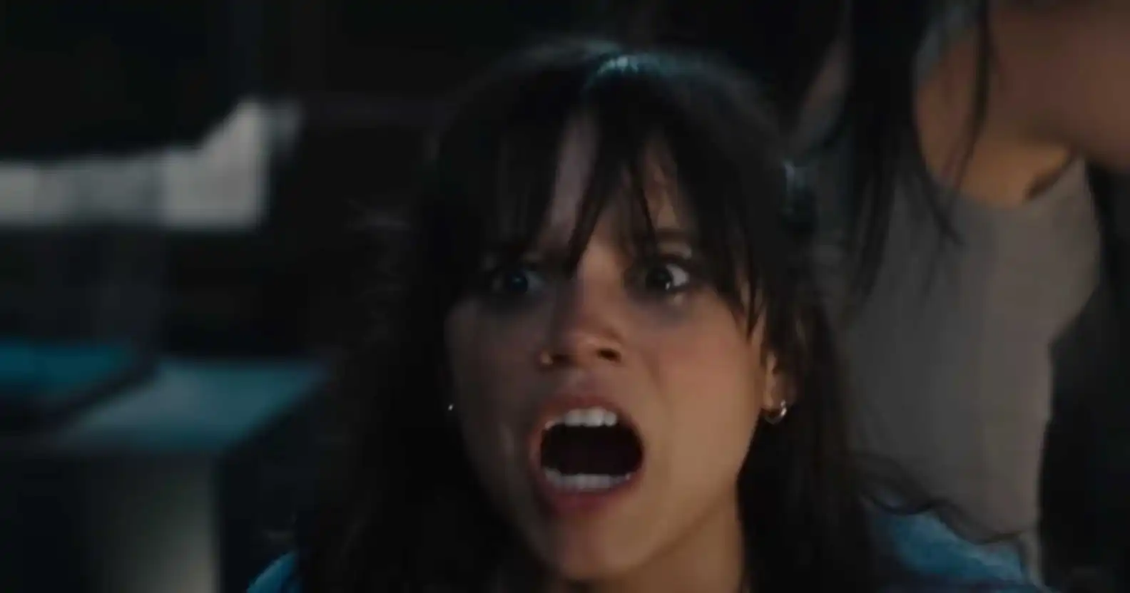 A screenshot of Jenna Ortega shouting in a trailer for Scream VI